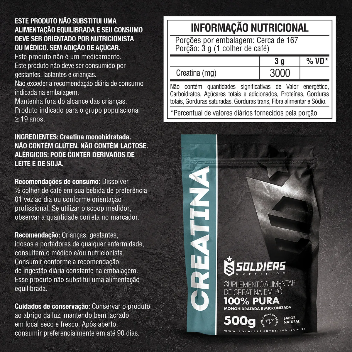 Creatina Monohidratada 500g Soldiers Nutrition 100% Pura Importada Alta Performance Músculo Treino - Imagem 2